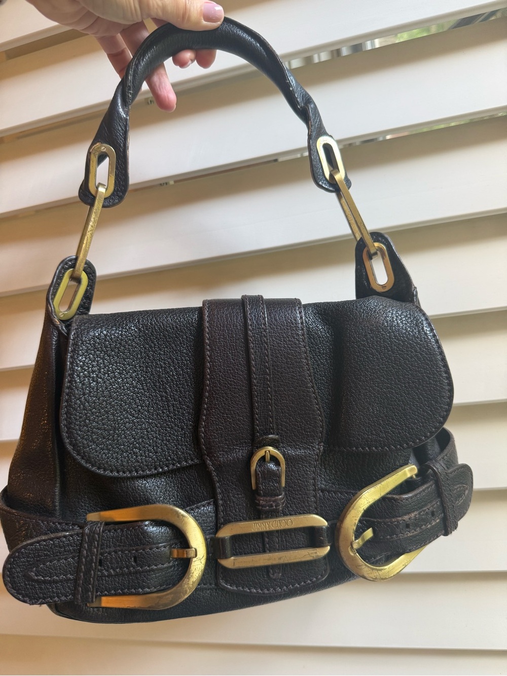 Authentic Jimmy Choo Brown Leather Tulita Shoulder Bag with Gold Hardware
